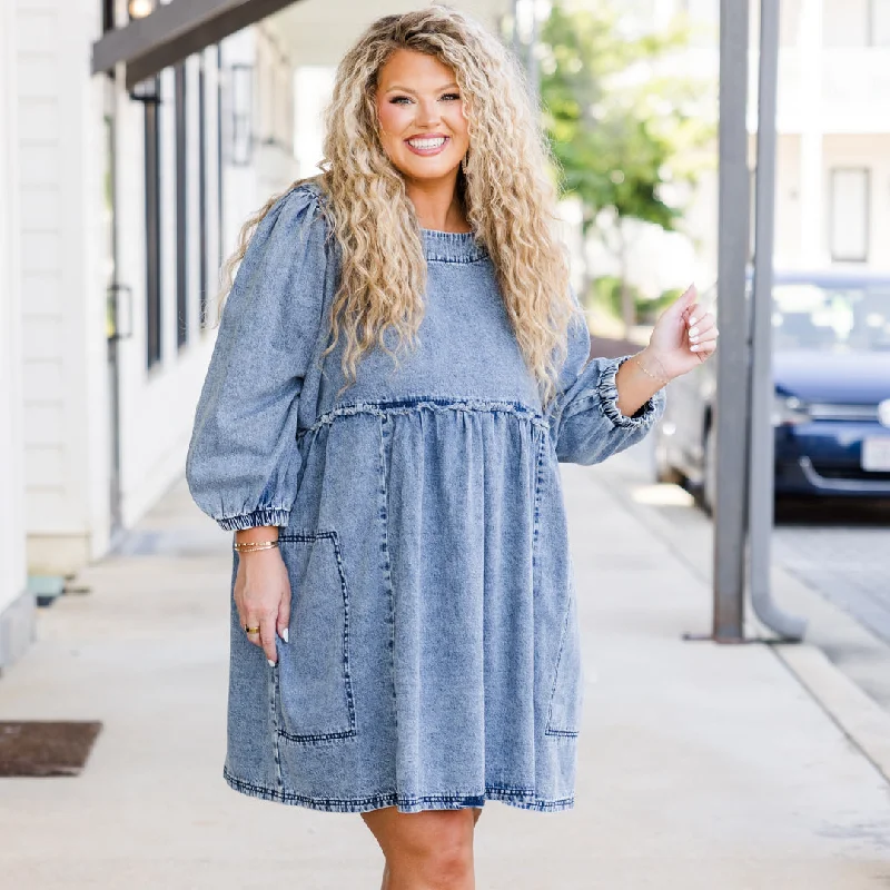 long-sleeve floral dressLook Again Dress, Denim