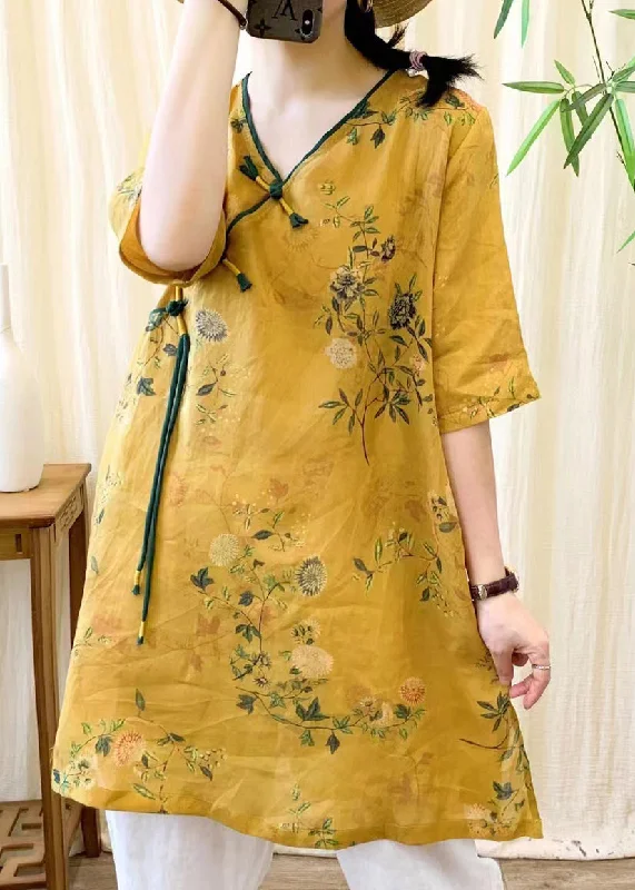 silk dressVintage Yellow V Neck Print Chinese Button Linen Mid Dress Summer