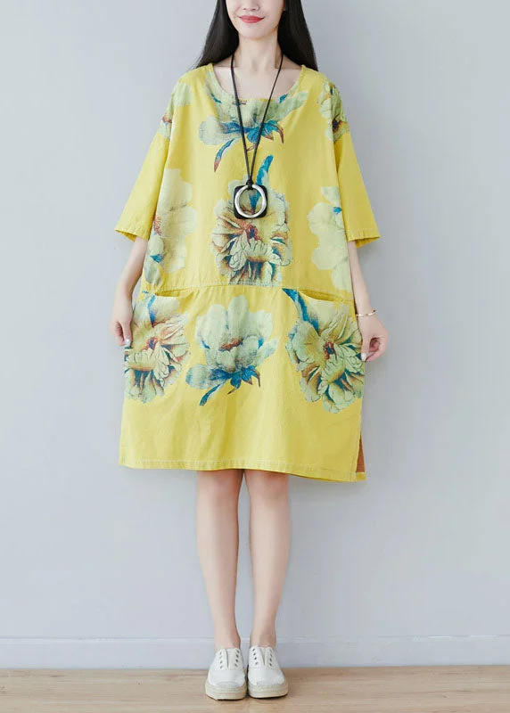 sleek midi dressYellow Patchwork Print Cotton Dress Half Sleeve