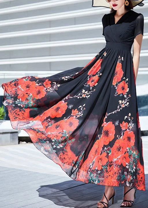 A-line dressElegant Black V Neck Print Wrinkled Chiffon Long Dresses Summer