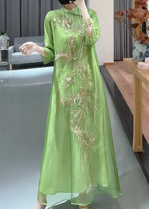 high-waisted dressBeautiful Green Embroideried Button cotton blend Long Dresses Spring