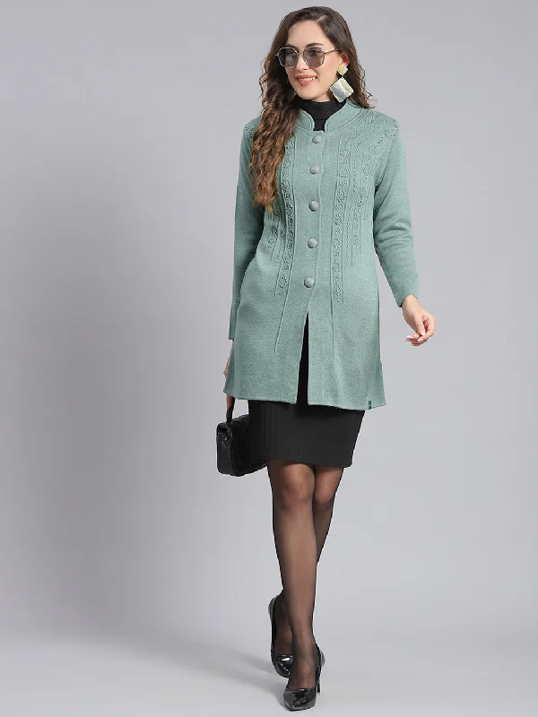 soft shell coatWomen Green Self Design Mandarin Collar Full Sleeve Coats