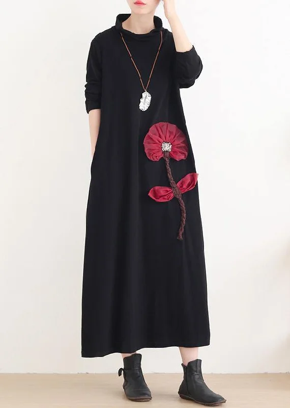 stylish dressSimple red Lotus Long dress high neck Maxi Dress