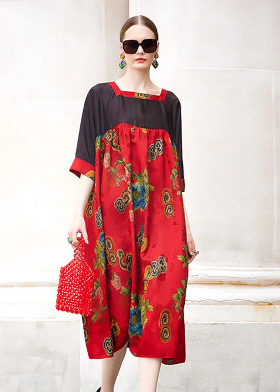 off-the-shoulder dressSimple Red Square Collar Print Patchwork Long Dress Short Sleeve