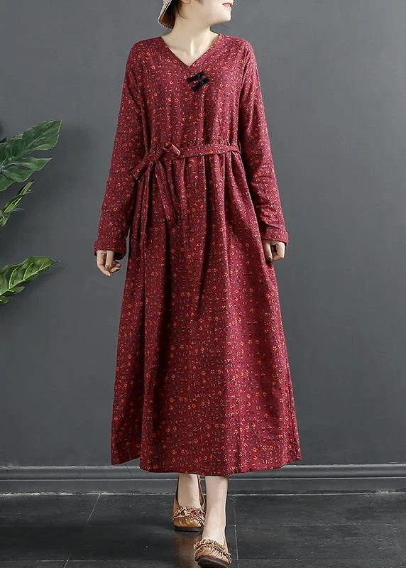 t-shirt dressElegant V Neck Quilting Dresses Shape Red Print Long Dress