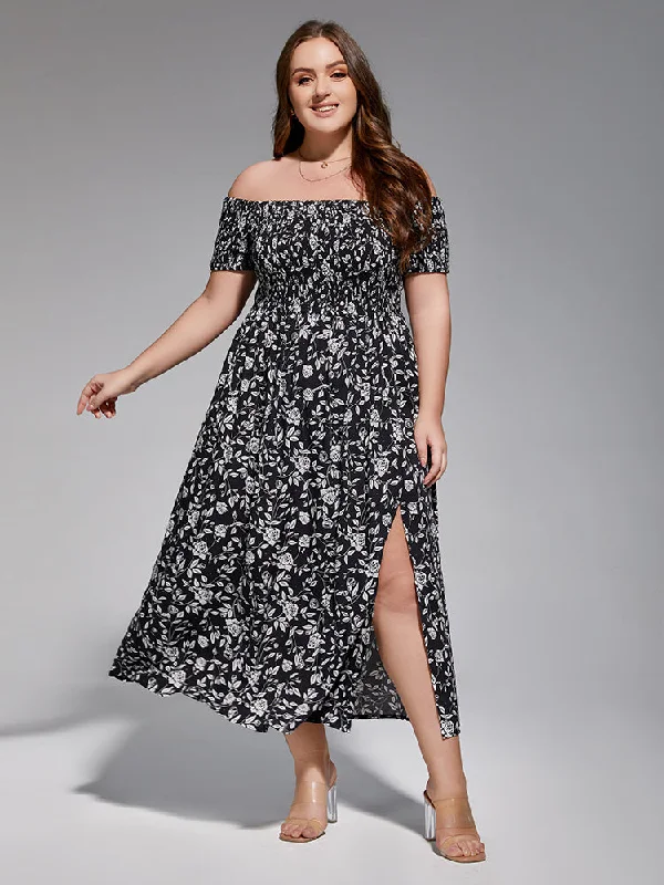 ruffle dressPlus Floral Off-Shoulder Split Midi Dress