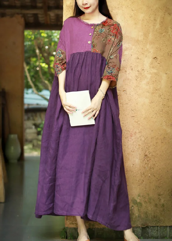 A-line dressPlus Size Purple Ruffled Wrinkled Cotton Dresses Half Sleeve