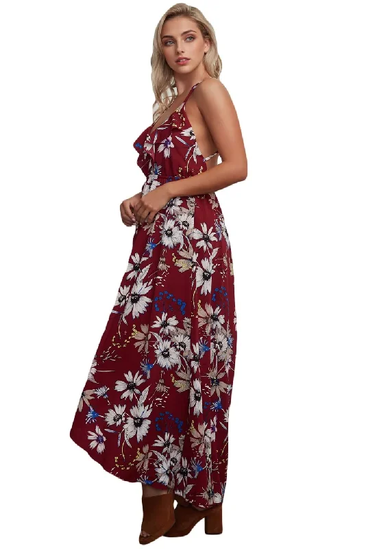 casual knit dressJuliaFashion-Burgundy Floral Chiffon Spaghetti Straps Maxi Dress