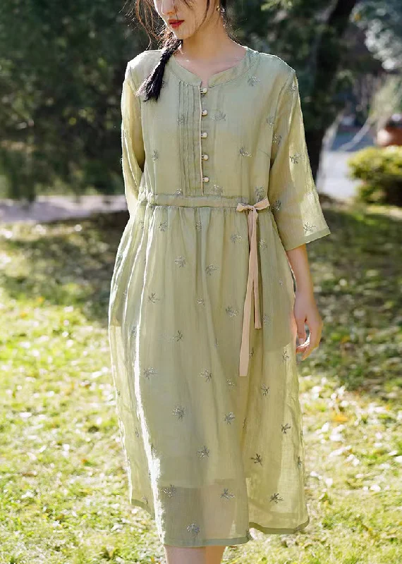 casual summer dressGreen Tie Waist Linen Dresses O-Neck Bracelet Sleeve