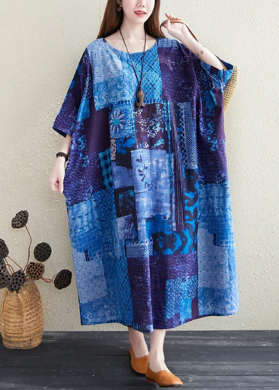 fitted dressPlus Size Blue O Neck Print Pockets Cotton Long Dress Summer