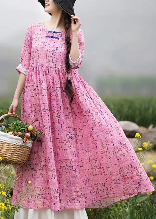 ruched dressStyle Pink Print Dresses O Neck Chinese Button Traveling Spring Dresses