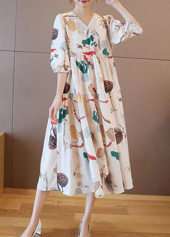 spaghetti strap dressFashion Apricot V Neck Print Cotton Long Dress Half Sleeve