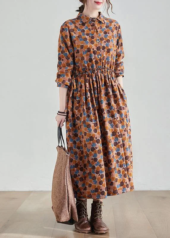 A-line dressFrench Chocolate Print Long Lapel Cinched Traveling Spring Dresses