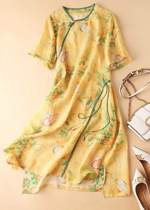 casual evening dressClassy Yellow Button Print Patchwork Cotton Dresses Summer