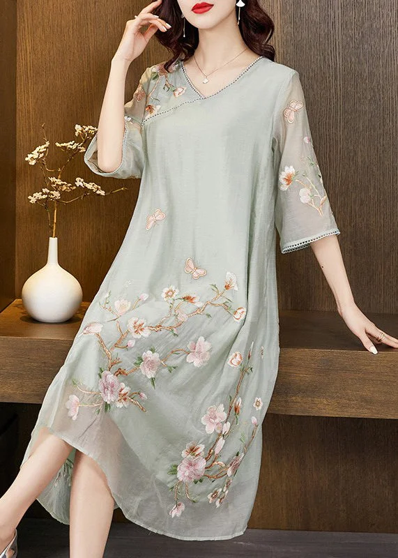 winter dressLight Green Patchwork Silk Cotton Long Dresses V Neck Summer