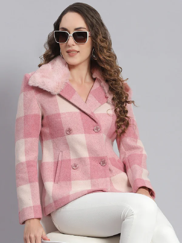 classic trench coatWomen Pink Check Collar Full Sleeve Coats