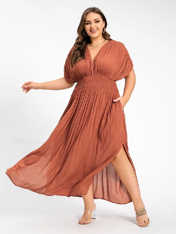 tiered dressV-Neck Batwing Sleeve Pocket Ruched Waist Maxi Dress