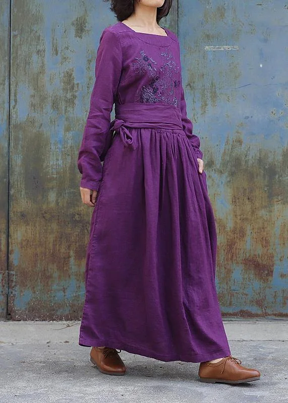 lace-up dressClassy purple linen clothes For Women tie waist loose embroidery Dress