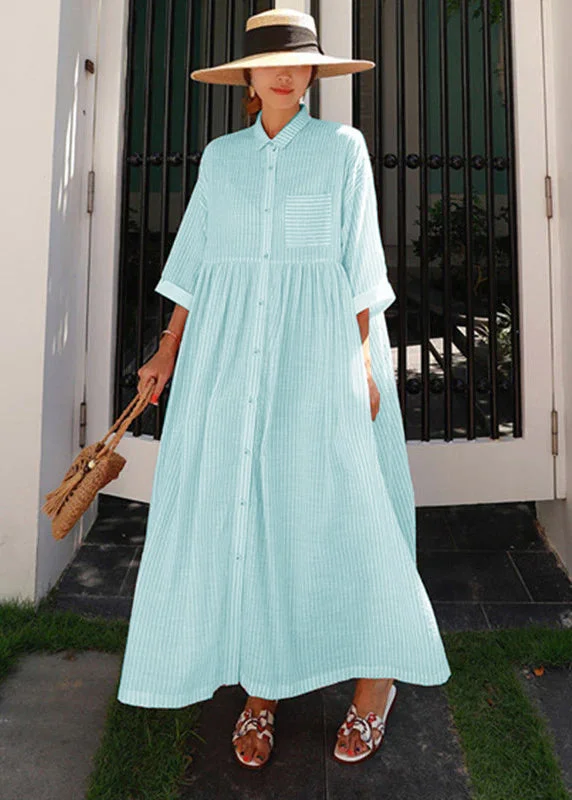 cocktail dressBohemian Green Peter Pan Collar Striped Button Pockets Wrinkled Long Dresses Half Sleeve