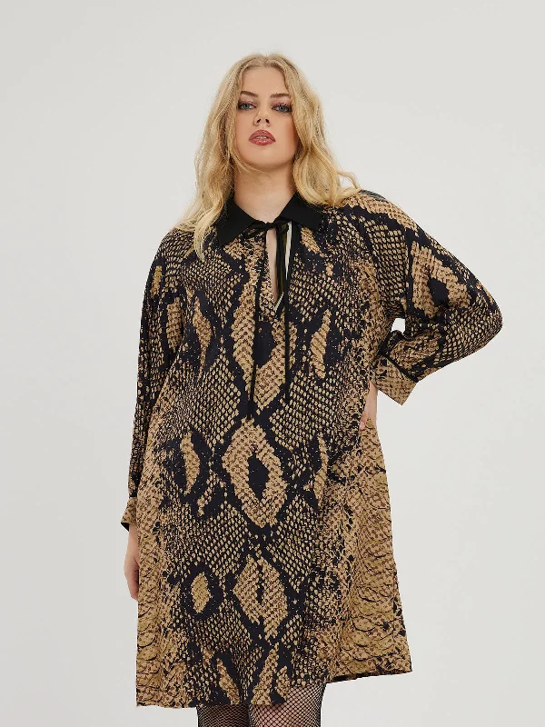 puff sleeve dressMat Brown Snake Print Midi Dress