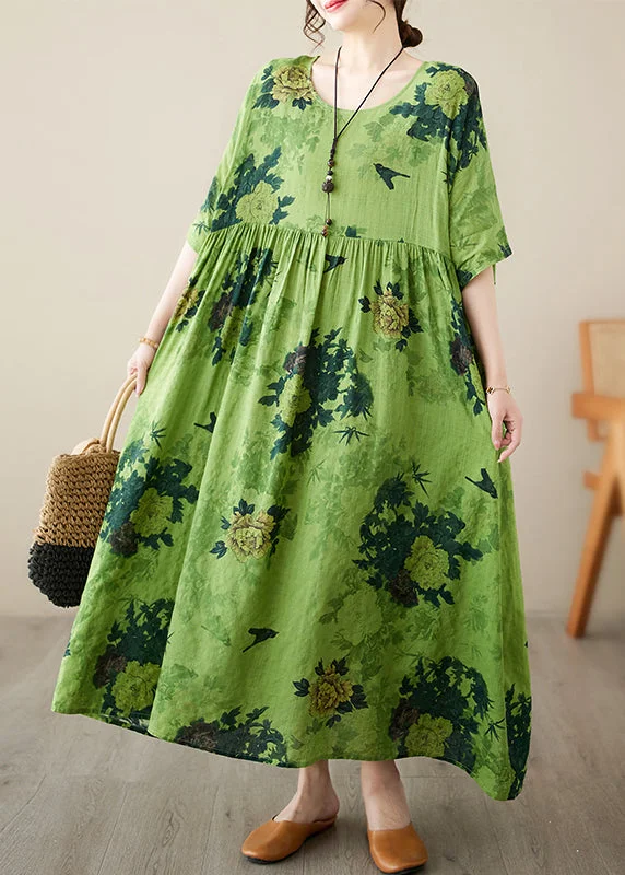 casual slip dressStyle Green Print Wrinkled Long Dresses Half Sleeve