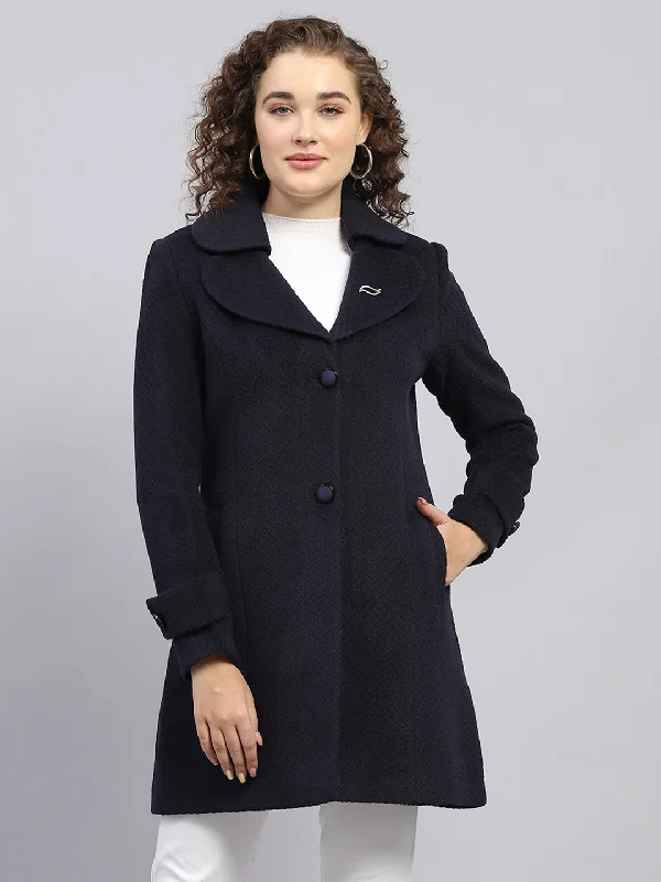 everyday winter coatWomen Navy Blue Self Design Notch lapel Collar Full Sleeve Coat