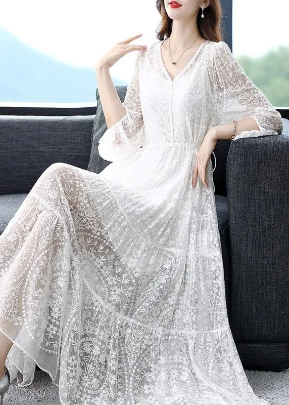 minimalistic dressWhite Lace Up Nail Bead Long Dresses V Neck Summer