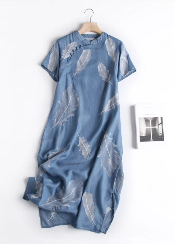 casual slip dressChinese Style Little Blue Print Side Open Silk Cotton Long Dress Short Sleeve