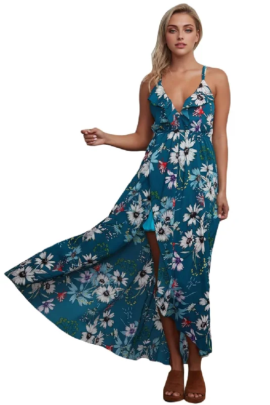 vintage-inspired dressJuliaFashion - 2024Slate Blue Floral Chiffon Spaghetti Straps Maxi Dress