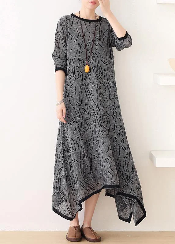 lace dressFrench gray striped quilting clothes o neck asymmetric Plus Size Clothing Dress