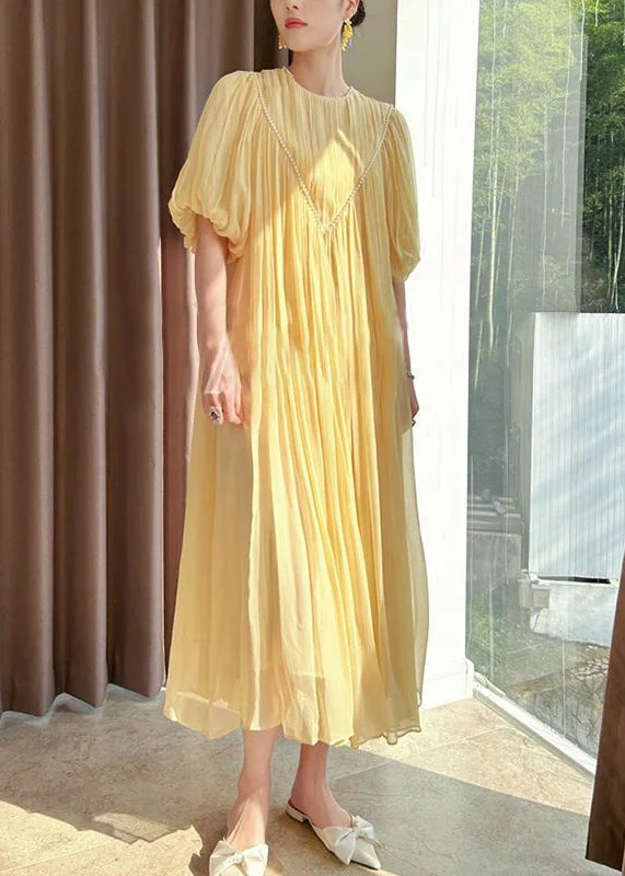 silk dressItalian Yellow Wrinkled Nail Bead Chiffon Long Dress Puff Sleeve