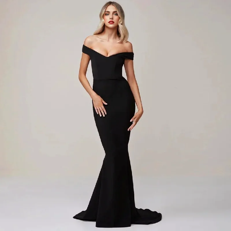 backless dressJuliaFashion-Black Off The Shoulder Formal Dress