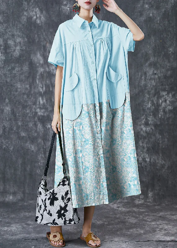 romantic dressArt Blue Oversized Patchwork Pockets Cotton Shirt Dresses Summer