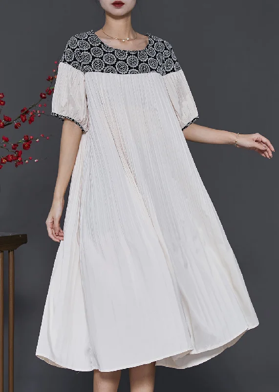 off-shoulder dressNatural White Oversized Patchwork Cotton Pleated Dress Summer