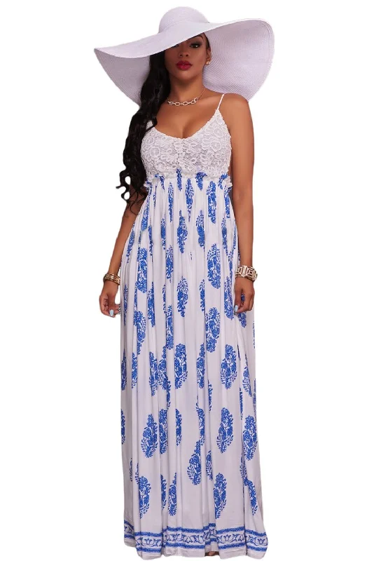 casual day dressJuliaFashion - 2024 White Blue Print Open Back Maxi Dress