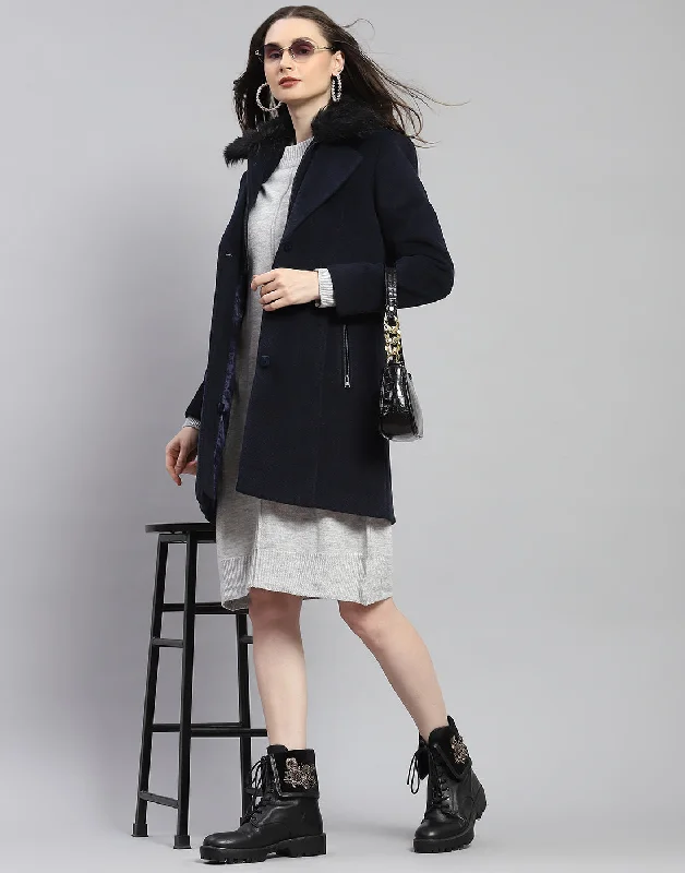 comfortable coatWomen Navy Blue Self Design Lapel Collar Full Sleeve Coat