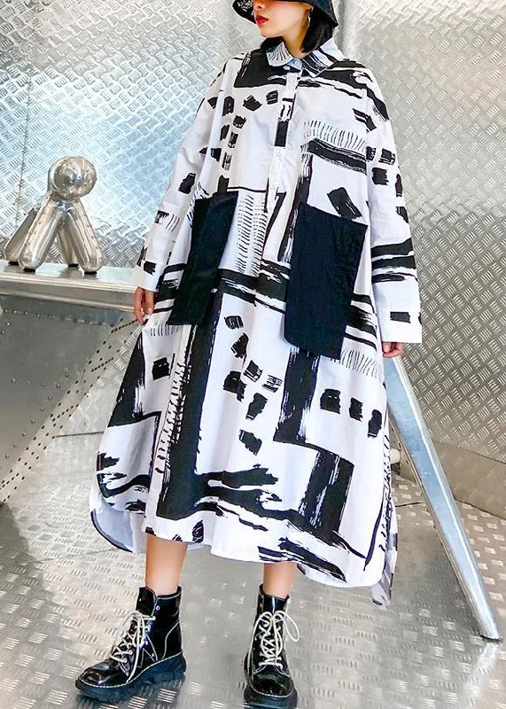 layered dressWomen lapel pockets fall Tunics pattern black white print long Dresses