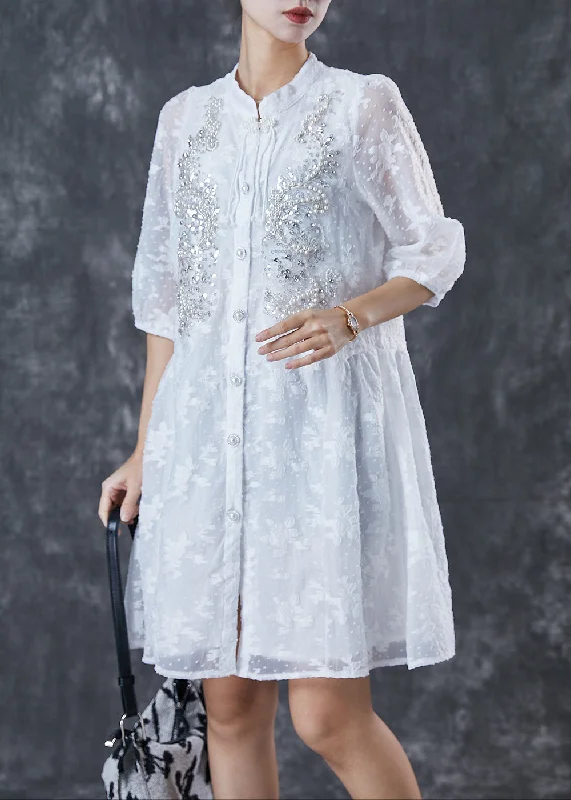 casual shift dressBeautiful White Tasseled Nail Bead Cotton Dress Half Sleeve