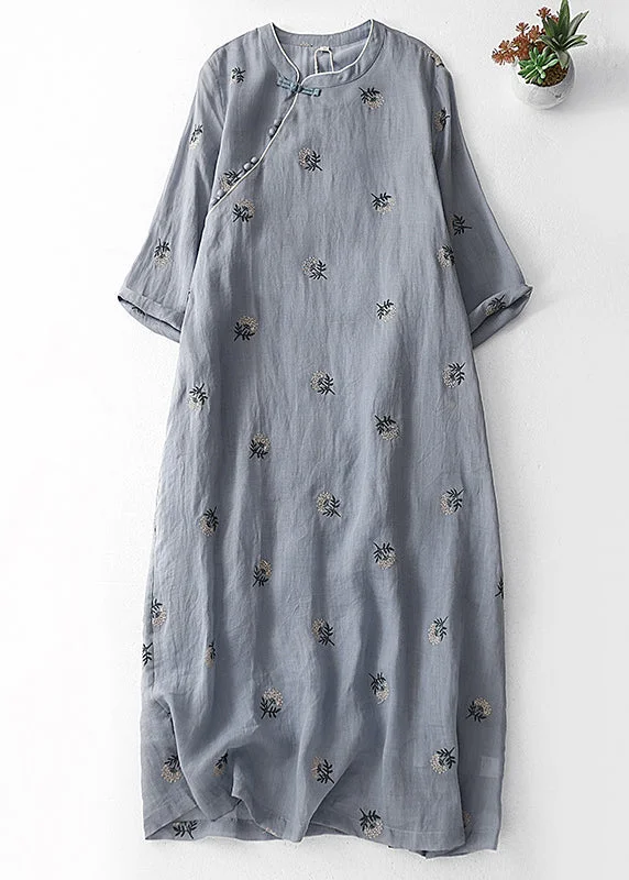 puff sleeve dressWomen Grey Embroidered Button Cotton Dresses Half Sleeve