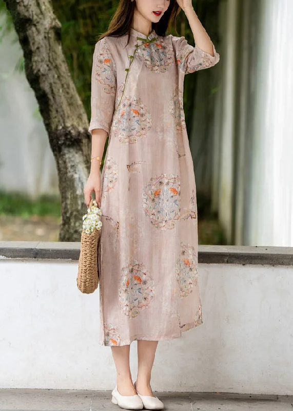 midi dressPink Side Open Print Linen Long Dresses Stand Collar Summer