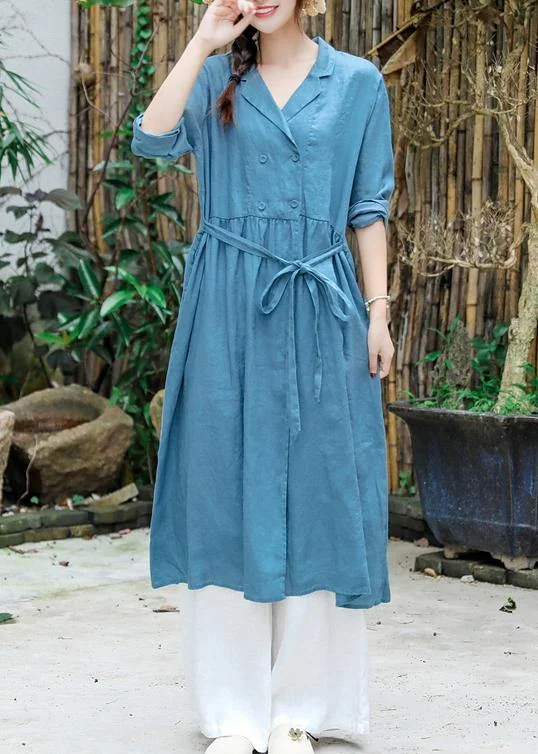 one-shoulder dressFrench Blue Clothes For Women Notched Tie Waist Robe Spring Dress