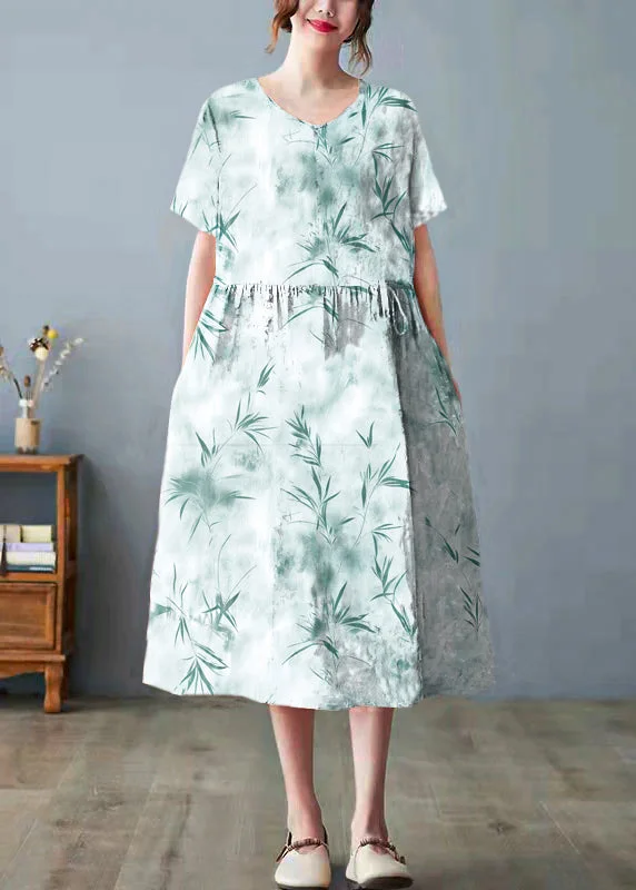 shift dressBeautiful white bamboo Pockets Print O Neck Dress