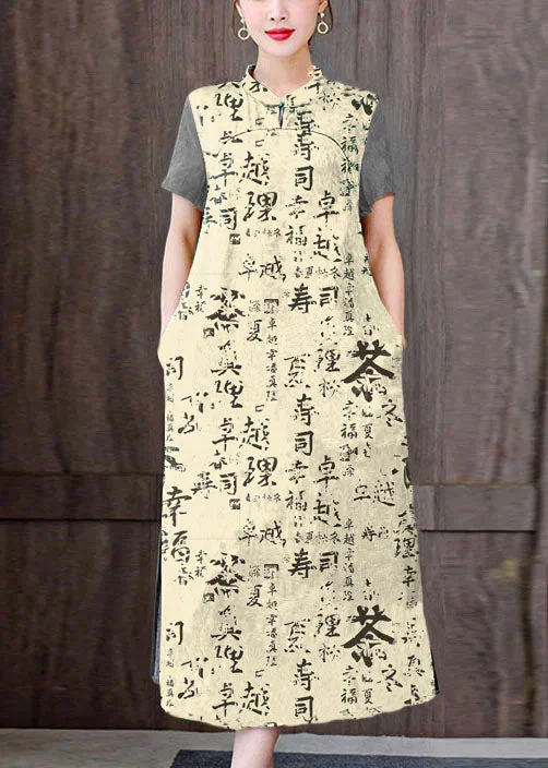 t-shirt dressFitted yellow letters Mandarin Collar Print Pockets Silk Long Dresses Short Sleeve