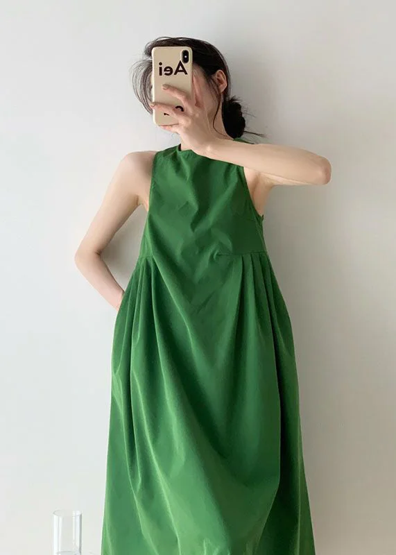 sophisticated dressItalian Green O Neck Wrinkled Patchwork Cotton Dress Sleeveless