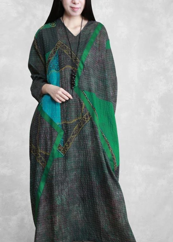 casual knit dressElegant Green Print Tunic Pattern V Neck Patchwork Maxi Spring Dress