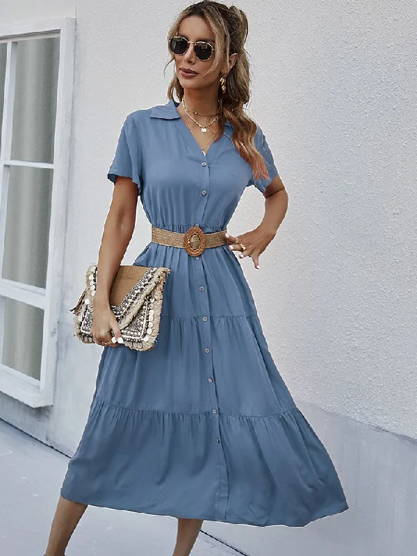 off-the-shoulder dressJuliaFashion - 2024  Solid Ruffles A-line Casual V-neck High Waist Shirt Dress