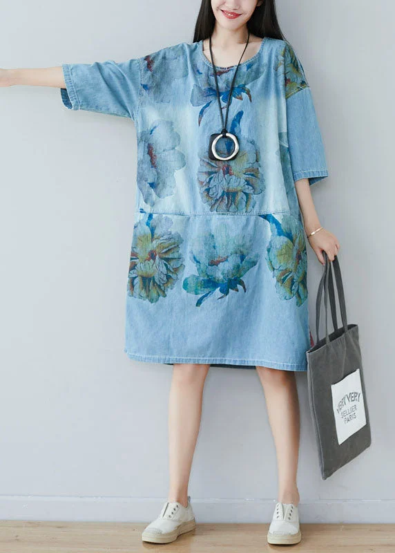 bohemian dressModern Blue O Neck Print Cotton Dresses Summer