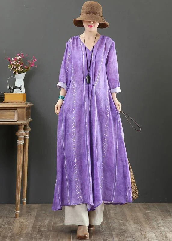 stylish dressUnique V Neck large hem Spring Tunics Pattern Purple A Line Dress