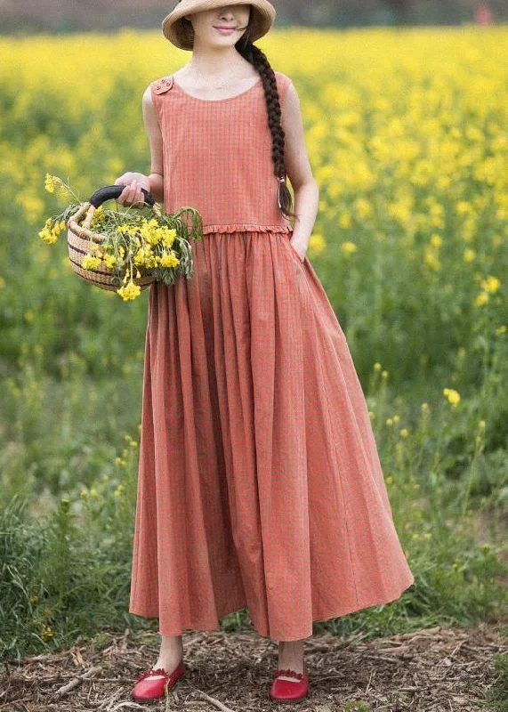 long sleeve dressNatural O-Neck Summer Wardrobes Outfits Orange Plaid Sleeveless Dresses