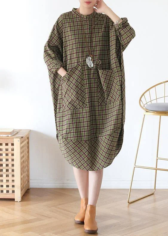 casual knit dressVivid green plaid quilting clothes pockets Plus Size fall Dress